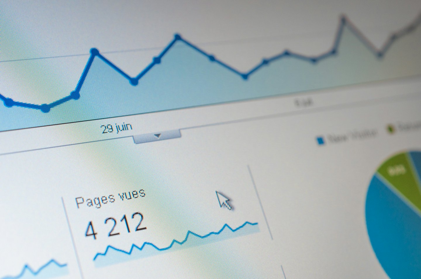 Mavi bir çizgi grafik ile dijital analitik gösteren bilgisayar ekranı.